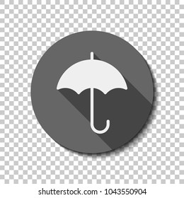 umbrella icon. White flat icon with long shadow in circle on transparent background