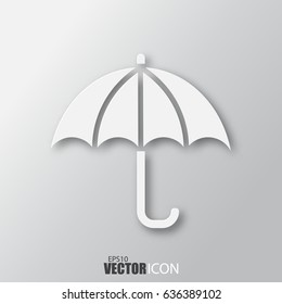 Umbrella icon in white style with shadow isolated on grey background. For your design, logo. Vector illustration.