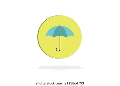 Umbrella icon, yellow circle with shadow below on white background, vector illustration.