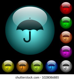 Umbrella icons in color illuminated spherical glass buttons on black background. Can be used to black or dark templates