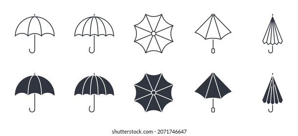 Umbrella icons. Editable stroke. Set thin line and silhouette icon for web design isolated on white background.