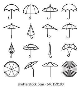 Umbrella icons. Linear symbols isolated on a white background. Editable strokes. Vector illustration