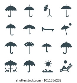 Umbrella icons. set of 16 editable filled umbrella icons such as keep dry cargo, sunbed, man laying in sun