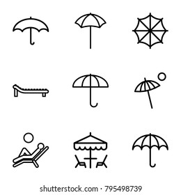 Umbrella icons. set of 9 editable outline umbrella icons such as sunbed