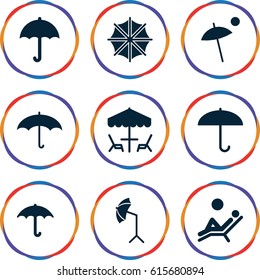 Umbrella icons set. set of 9 umbrella filled icons such as keep dry cargo