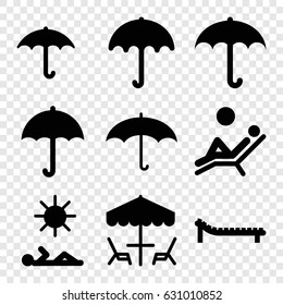 Umbrella icons set. set of 9 umbrella filled icons such as keep dry cargo, sunbed, man laying in sun