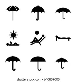 Umbrella icons set. set of 9 umbrella filled icons such as keep dry cargo, sunbed, man laying in sun