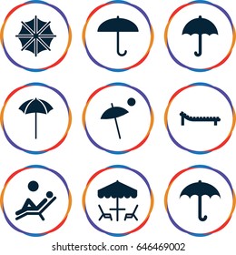 Umbrella icons set. set of 9 umbrella filled icons such as sunbed
