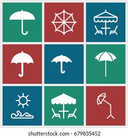 Umbrella icons set. set of 9 umbrella filled and outline icons such as keep dry cargo