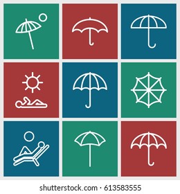 Umbrella icons set. set of 9 umbrella outline icons such as man laying in sun