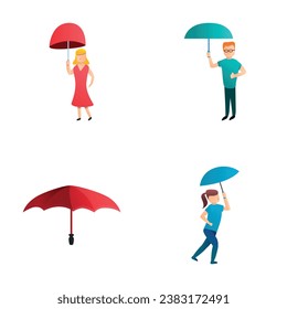Iconos de paraguas establecen el vector de dibujos animados. Carácter bajo paraguas de lluvia. Accesorio de temporada lluviosa