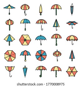 Umbrella icons set. Outline set of umbrella vector icons thin line color flat on white