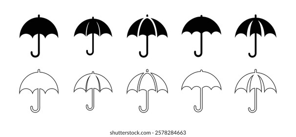 umbrella icons set simple clean and smooth line and fill vector icons in black on a white background.
