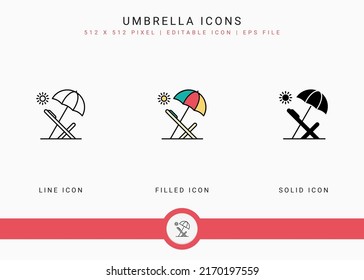 Umbrella icons set vector illustration with solid icon line style. Sunscreen shield concept. Editable stroke icon on isolated white background for web design, user interface, and mobile application