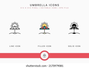 Umbrella icons set vector illustration with solid icon line style. Sunscreen shield concept. Editable stroke icon on isolated white background for web design, user interface, and mobile application