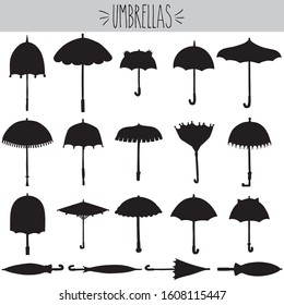 Umbrella Illustration, Black Silhouette, beach parasol, cat, frog kids rain umbrella, ruffle summer, autumn season, meteorology, rainy day, broken, open, closed, stripped, spring shower, freehand
