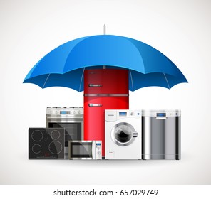 Umbrella insurance concept - warranty of household appliances - fridge, wash machine, gas stove, oven, microwave