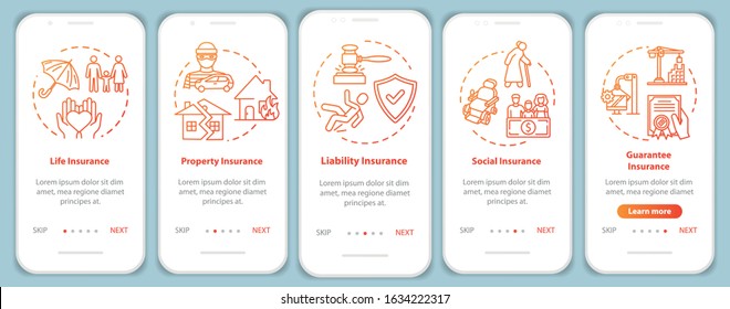 Umbrella insurance onboarding mobile app page screen with concepts. Insured property. Social guarantee walkthrough 5 steps graphic instructions. UI vector template with RGB color illustrations