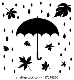 Umbrella isolated on white background. Black and white.Simple vector illustration.Umbrella flat icon with raindrops and falling autumn leaves