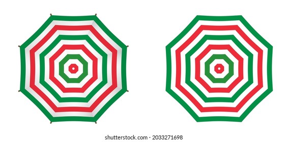 Umbrella with Italy flag, top view. Beach parasols, Umbrellas pictogram. striped design. White and red Stripes. Vector parasols icon or sign. Italia, holiday, vacation and tourism, summer and sun time