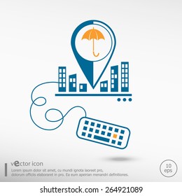 Umbrella and keyboard. Line icons for application development, creative process. 