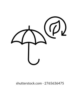Umbrella, leaf and renew arrow. Sustainable coverage, insurance and eco protection. Pixel perfect, editable stroke vector icon