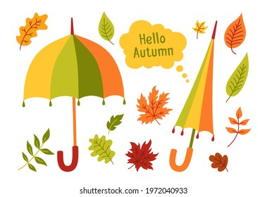 Umbrella and leaves hand drawn cartoon set. Autumn hand drawn trendy cozy collection. Scrapbook fall season flat element. Autumn leaves and speech bubble, open and closed umbrella vector card