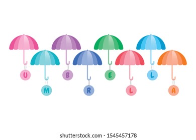 umbrella letters and eighty umbrella symbols. vector umbrellas. colorful umbrellas on white background