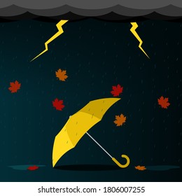 The umbrella lies on the ground during a thunderstorm vector illustration.