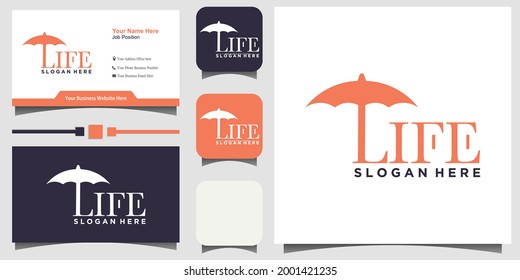 umbrella life logo design vector with business card template background
