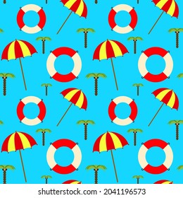 Umbrella, lifebuoy and palm tree on a blue background, texture for design, seamless pattern, vector illustration