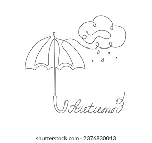 Umbrella line art. Cloud, cloud, rain. Autumn banner. Calligraphy lettering. Autumn season, rainy weather. Contour vector drawing on white isolated background.