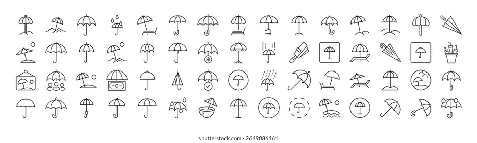 Pacote de ícones da linha de guarda-chuva. Outline Signs para Gráficos e Web Design, Apps, Anúncios, Vários Cartões 