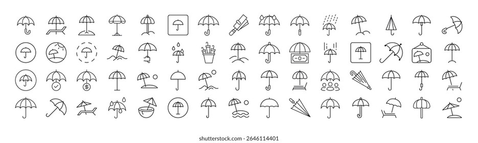 Coleção de Ícones da Linha de Guarda-Chuva. Outline Signs para Gráficos e Web Design, Apps, Anúncios, Vários Cartões 