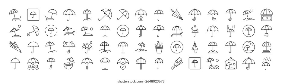Pacote de Ícones de Linha de Guarda-chuva. Outline Signs para Gráficos e Web Design, Apps, Anúncios, Vários Cartões 