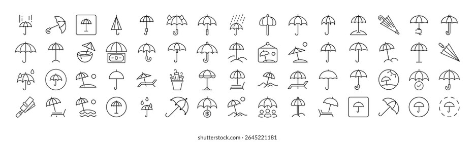 Conjunto de ícones da linha de guarda-chuva. Outline Signs para Gráficos e Web Design, Apps, Anúncios, Vários Cartões 