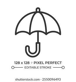 Umbrella linear icon. Protection from rain or precipitation. Rainy weather, expected precipitation. Weather forecast. Thin line illustration. Contour symbol. Vector outline drawing. Editable stroke