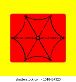 Umbrella linear icon from top. Vector. Black scribble icon in red container with rounded corners at yellow background. Isolated.