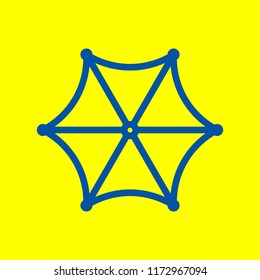 Umbrella linear icon from top. Vector. Office style blue icon at yellow background.
