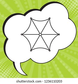Umbrella linear icon from top. Vector. Black icon in speech bubble at popart yellow green background.
