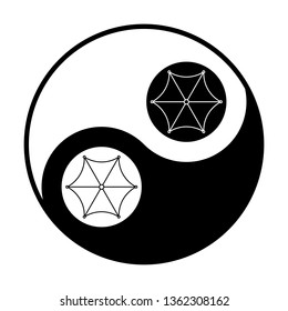 Umbrella linear icon from top. Vector. Black and white icon inside circles of yin and yang symbol  at white background.