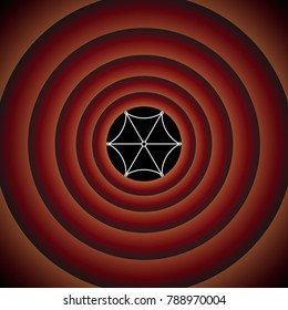 Umbrella linear icon from top. Vector. White icon on black circle in gradient rings.