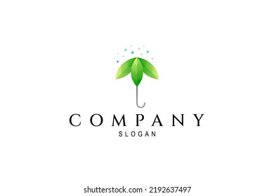 umbrella logo with leaves decorated with water bubbles in simple design style
