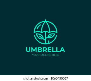 Umbrella logo template. Line parasol and leaves vector design. Opened umbrella logotype