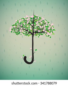 umbrella looks like spring tree with green leaves and flowers under the rain, spring fantasy object, vector