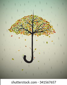 umbrella looks like tree with colored leaves under the rain, fairy autumn, vector