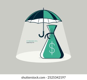 Guarda-chuva com saco de dinheiro pôster conceitual vetor, conceito de segurança financeira, ilustração de estilo ícone simples de um guarda-sol com saco de dinheiro, metáfora de proteção financeira.