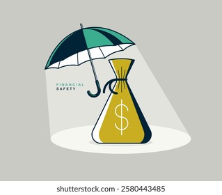 Umbrella with money bag vector conceptual poster, financial safety concept, simple icon style illustration of a parasol with moneybag, financial protection metaphor.