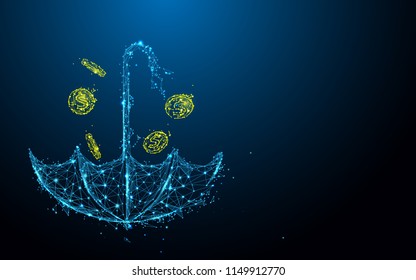 Umbrella with money rain form lines, triangles and particle style design. Illustration vector