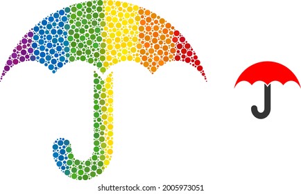Umbrella mosaic icon of round items in various sizes and rainbow colored color tints. A dotted LGBT-colored umbrella for lesbians, gays, bisexuals, and transgenders. Vector icon in LGBT flag colors.